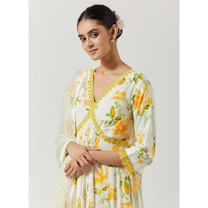 Label Earthen Women White Floral Anarkali Kurta with Palazzo & Dupatta (Set of 3)