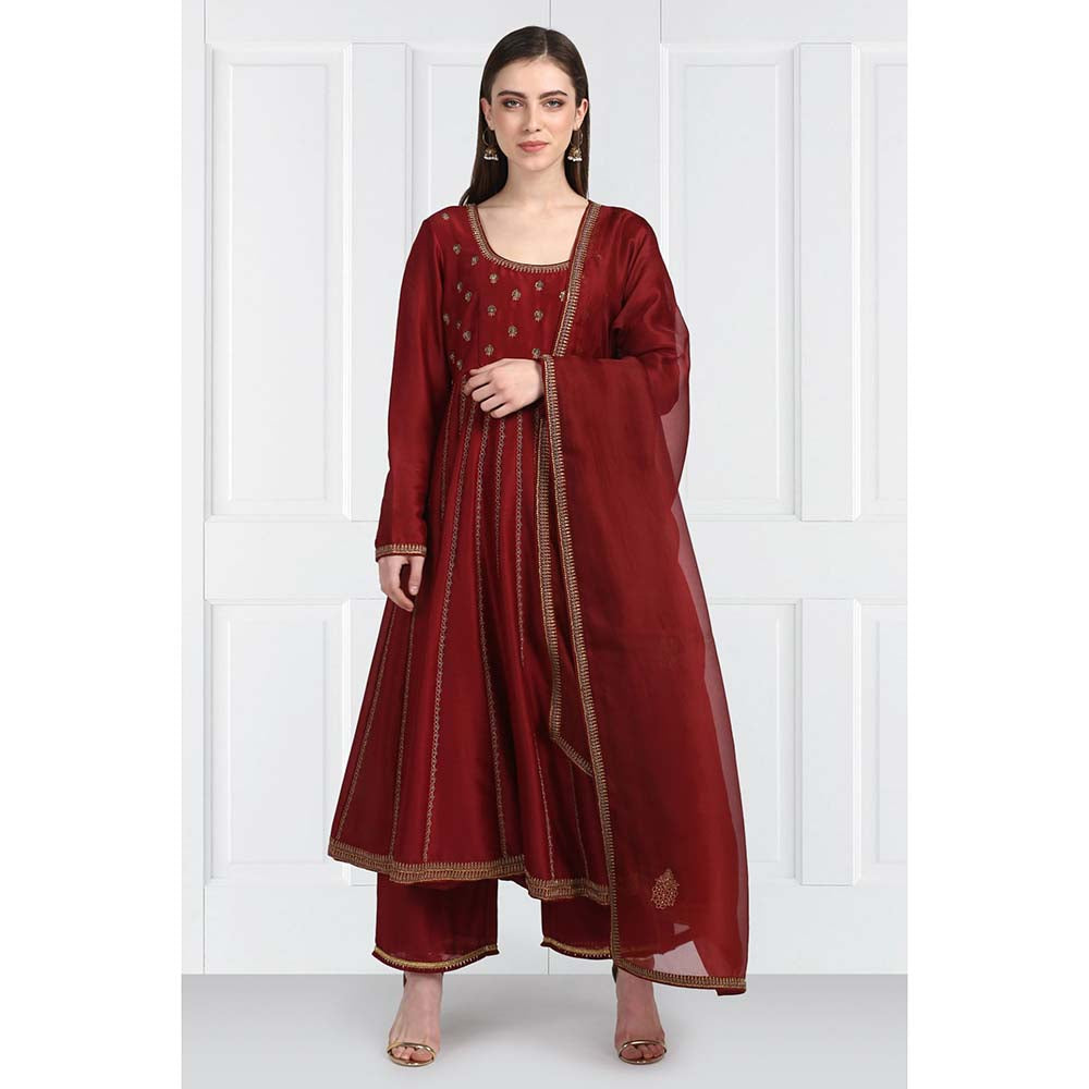 Label Earthen Women Maroon Embroidered Anarkali Kurta with Palazzo & Dupatta (Set of 3)
