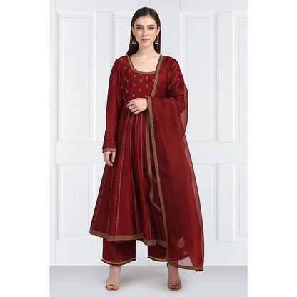 Label Earthen Women Maroon Embroidered Anarkali Kurta with Palazzo & Dupatta (Set of 3)