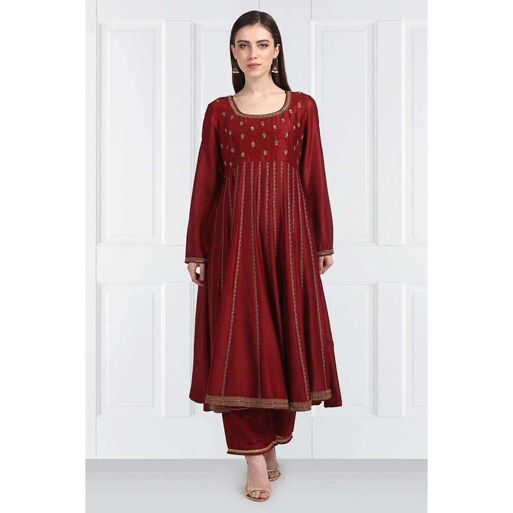 Label Earthen Women Maroon Embroidered Anarkali Kurta with Palazzo & Dupatta (Set of 3)