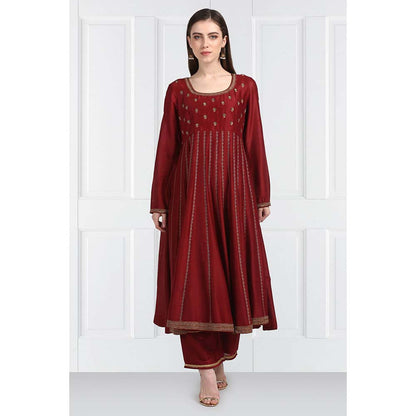Label Earthen Women Maroon Embroidered Anarkali Kurta with Palazzo & Dupatta (Set of 3)