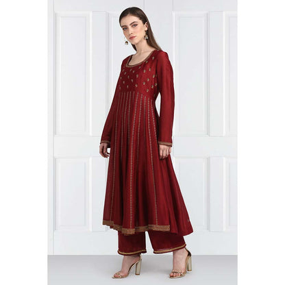 Label Earthen Women Maroon Embroidered Anarkali Kurta with Palazzo & Dupatta (Set of 3)