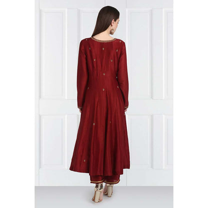 Label Earthen Women Maroon Embroidered Anarkali Kurta with Palazzo & Dupatta (Set of 3)