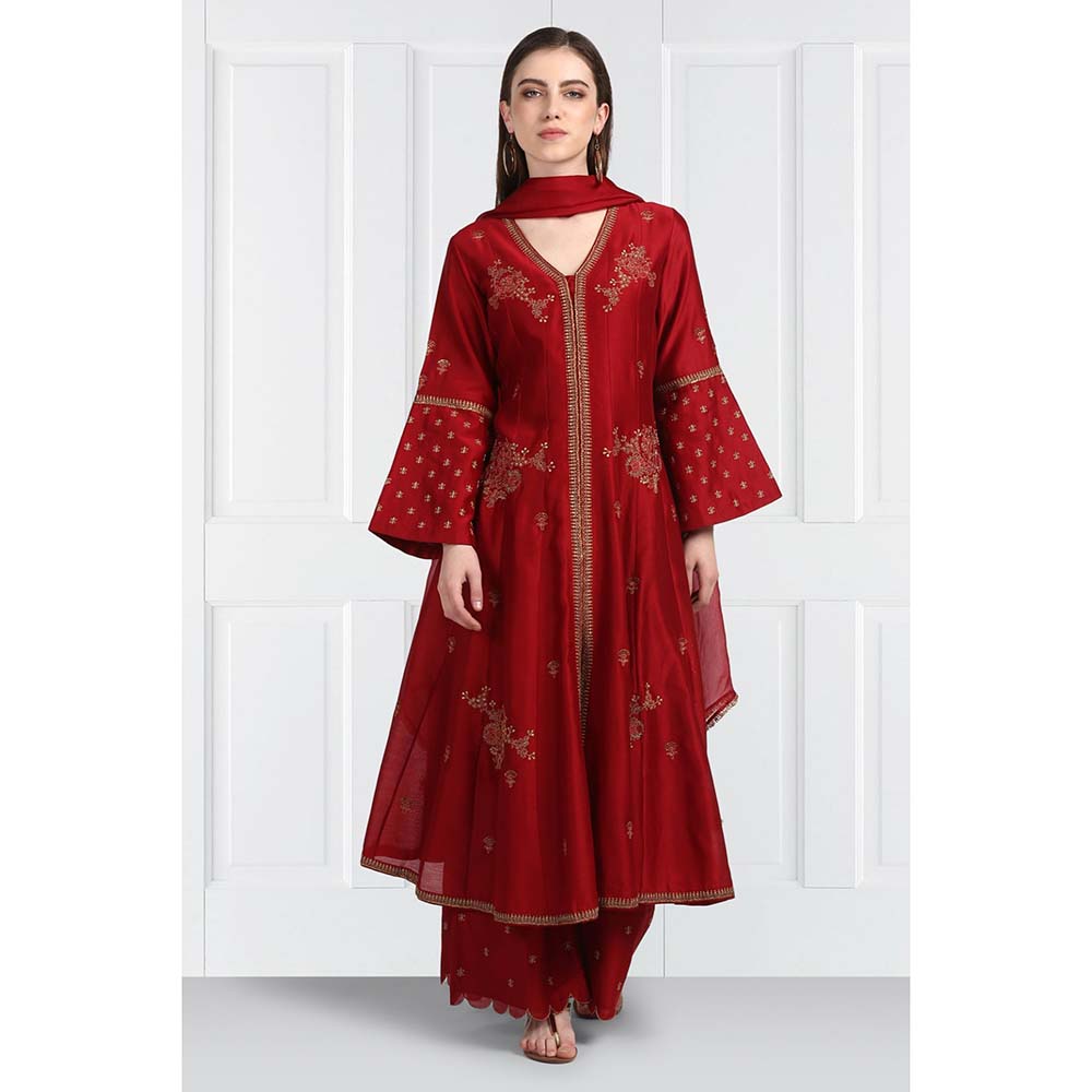 Label Earthen Women Maroon Embroidered Anarkali Kurta with Palazzo & Dupatta (Set of 3)