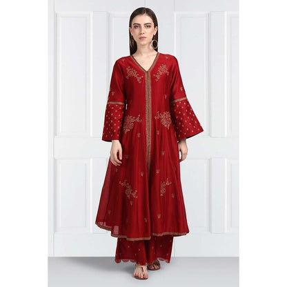 Label Earthen Women Maroon Embroidered Anarkali Kurta with Palazzo & Dupatta (Set of 3)