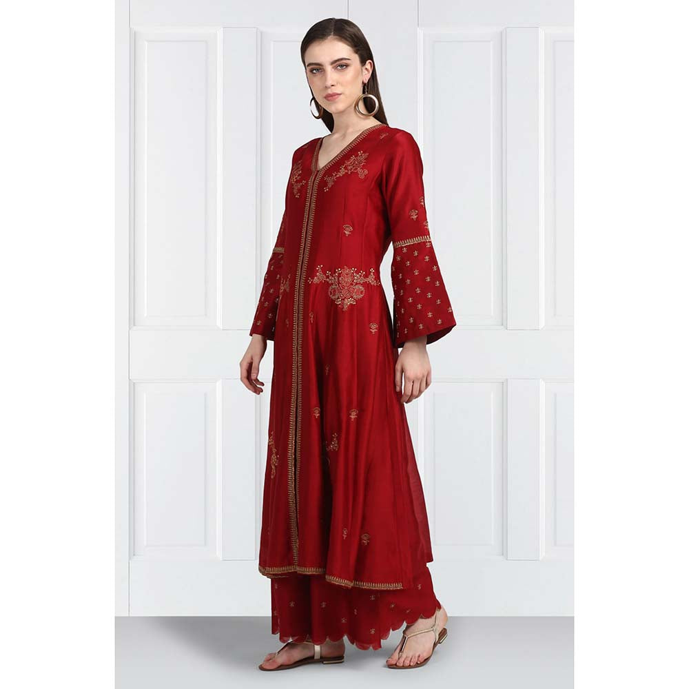 Label Earthen Women Maroon Embroidered Anarkali Kurta with Palazzo & Dupatta (Set of 3)