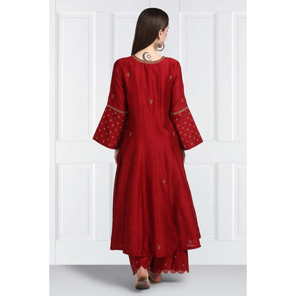 Label Earthen Women Maroon Embroidered Anarkali Kurta with Palazzo & Dupatta (Set of 3)
