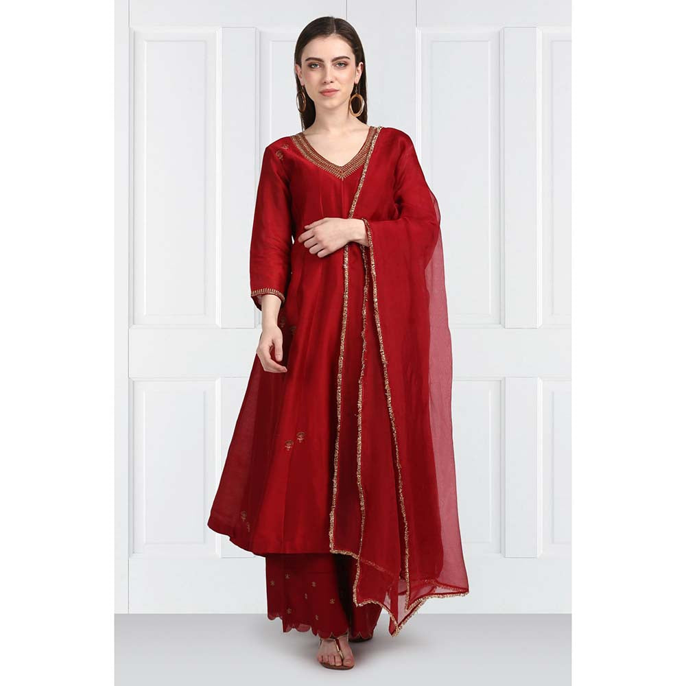 Label Earthen Women Maroon Embroidered Anarkali Kurta with Palazzo & Dupatta (Set of 3)