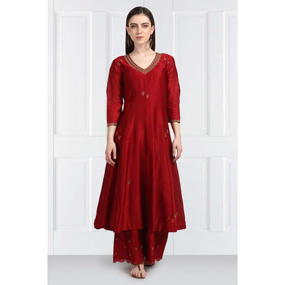Label Earthen Women Maroon Embroidered Anarkali Kurta with Palazzo & Dupatta (Set of 3)