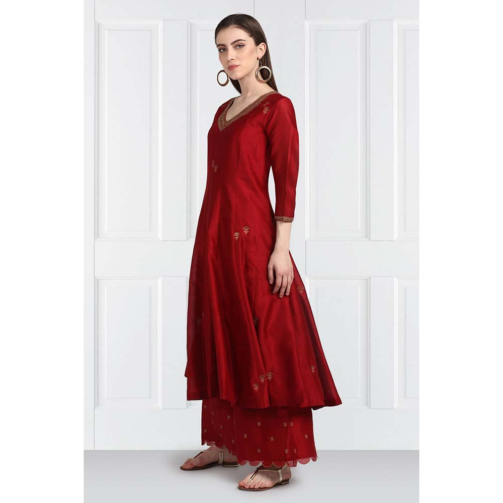 Label Earthen Women Maroon Embroidered Anarkali Kurta with Palazzo & Dupatta (Set of 3)