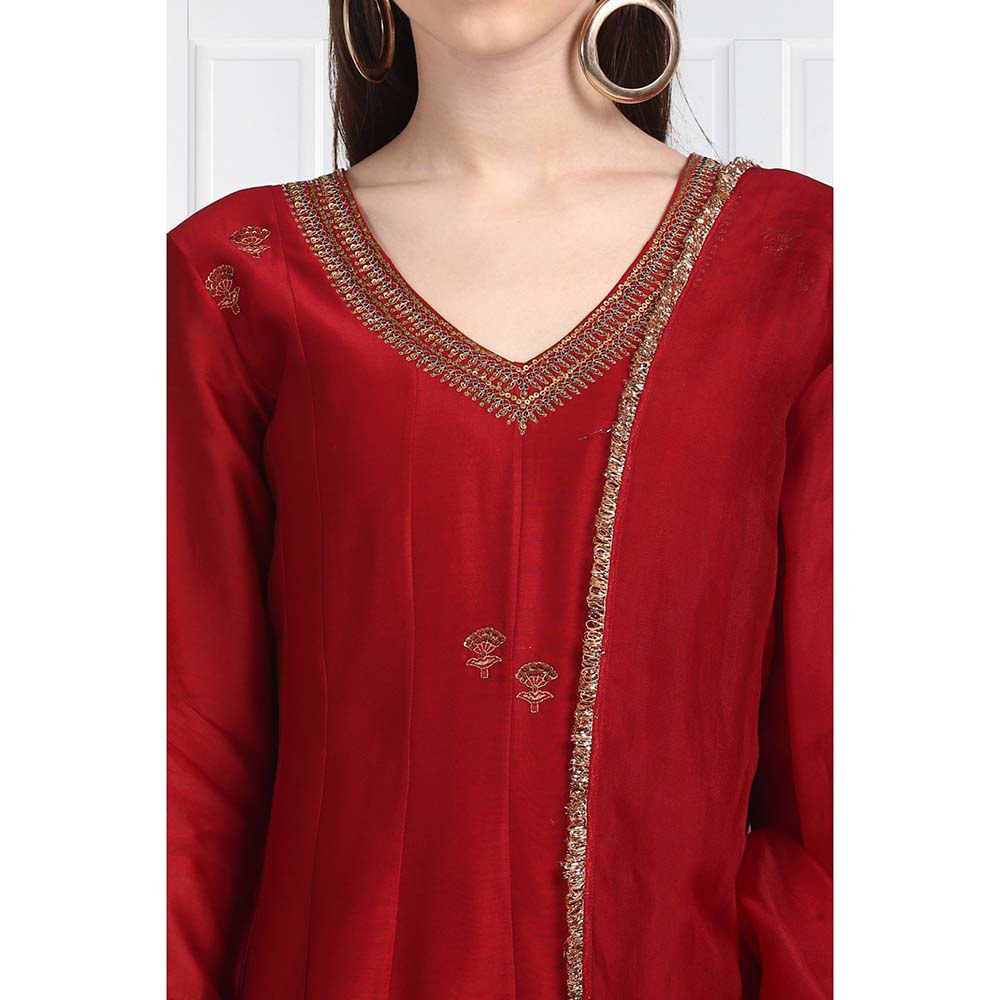Label Earthen Women Maroon Embroidered Anarkali Kurta with Palazzo & Dupatta (Set of 3)