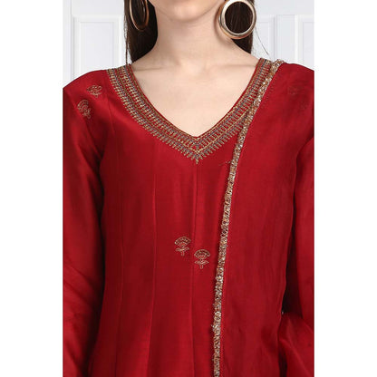 Label Earthen Women Maroon Embroidered Anarkali Kurta with Palazzo & Dupatta (Set of 3)
