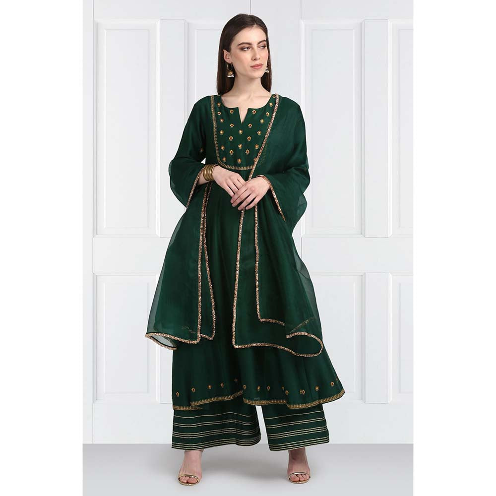 Label Earthen Women Green Embroidered Anarkali Kurta with Palazzo & Dupatta (Set of 3)
