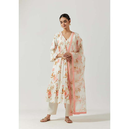 Label Earthen Women White Floral Anarkali Kurta with Pant & Dupatta (Set of 3)