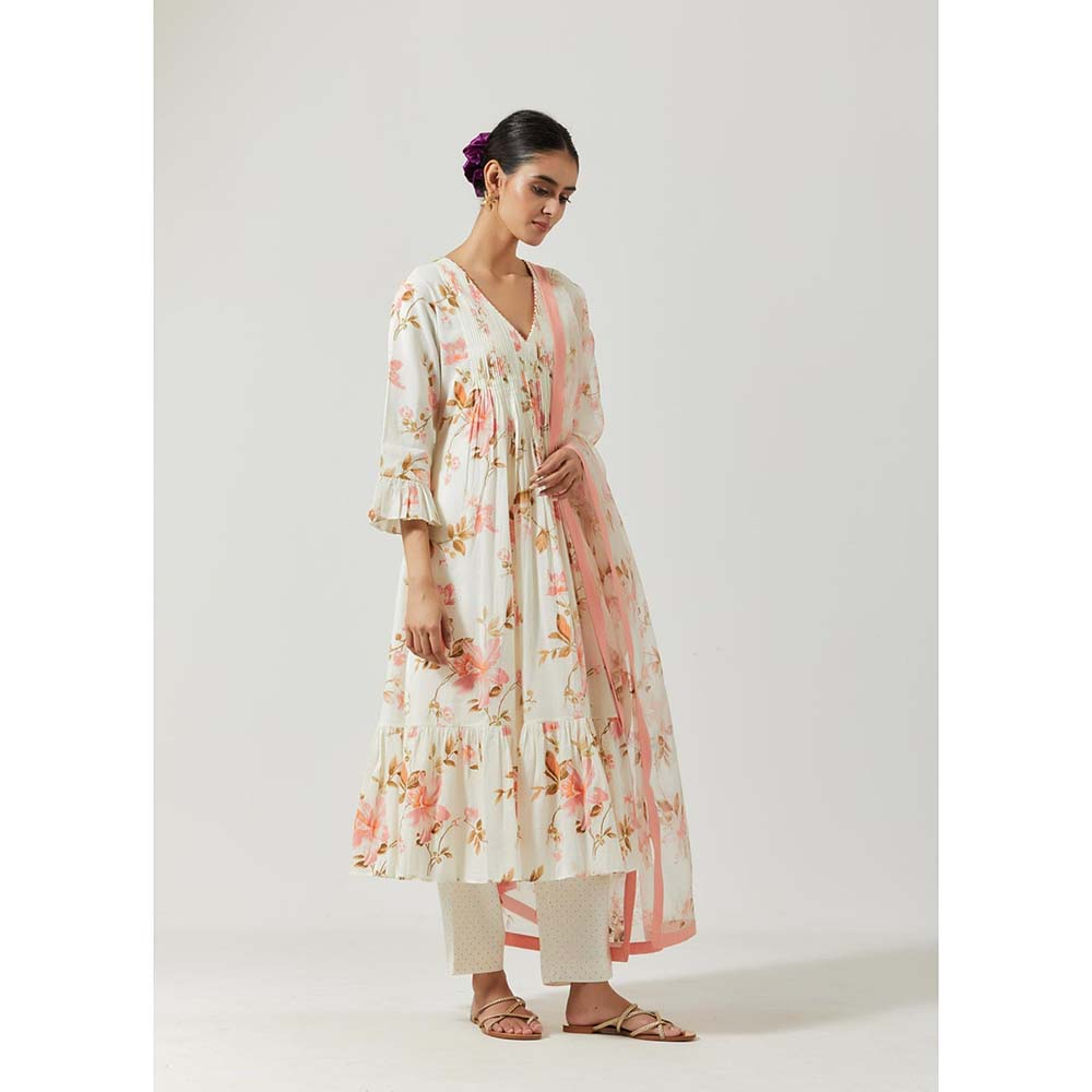 Label Earthen Women White Floral Anarkali Kurta with Pant & Dupatta (Set of 3)