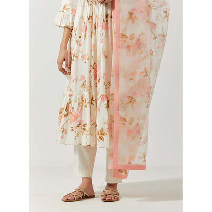 Label Earthen Women White Floral Anarkali Kurta with Pant & Dupatta (Set of 3)