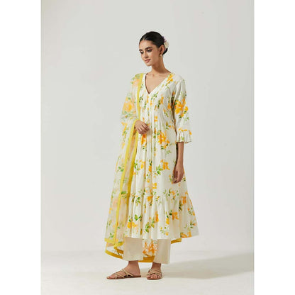 Label Earthen Women White Floral Anarkali Kurta with Pant & Dupatta (Set of 3)