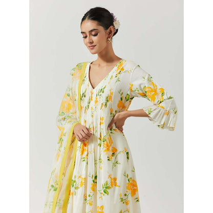 Label Earthen Women White Floral Anarkali Kurta with Pant & Dupatta (Set of 3)