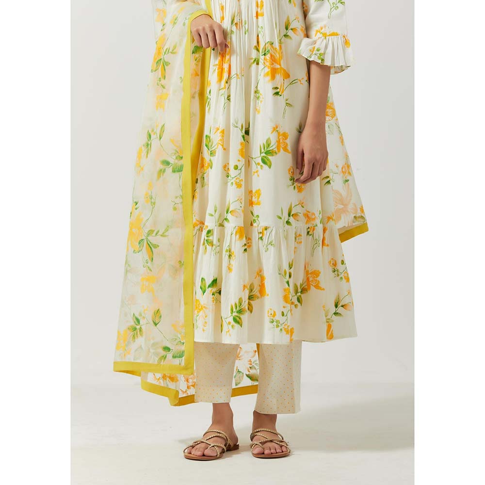 Label Earthen Women White Floral Anarkali Kurta with Pant & Dupatta (Set of 3)