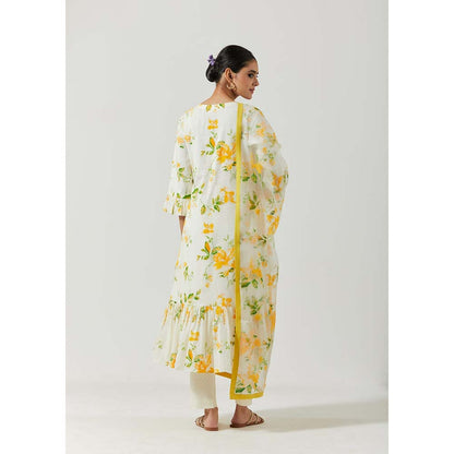 Label Earthen Women White Floral Anarkali Kurta with Pant & Dupatta (Set of 3)