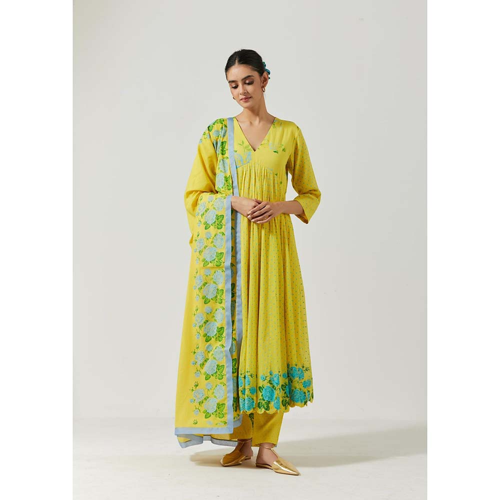 Label Earthen Women Yellow Floral Anarkali Kurta with Pant & Dupatta (Set of 3)