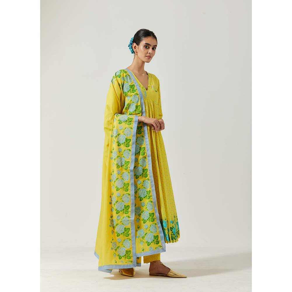 Label Earthen Women Yellow Floral Anarkali Kurta with Pant & Dupatta (Set of 3)