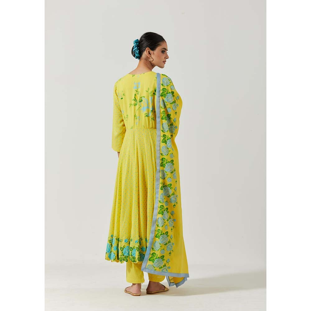 Label Earthen Women Yellow Floral Anarkali Kurta with Pant & Dupatta (Set of 3)