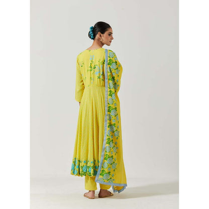Label Earthen Women Yellow Floral Anarkali Kurta with Pant & Dupatta (Set of 3)