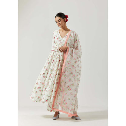 Label Earthen Women White Floral Anarkali Kurta with Pant & Dupatta (Set of 3)