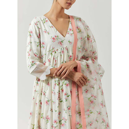 Label Earthen Women White Floral Anarkali Kurta with Pant & Dupatta (Set of 3)