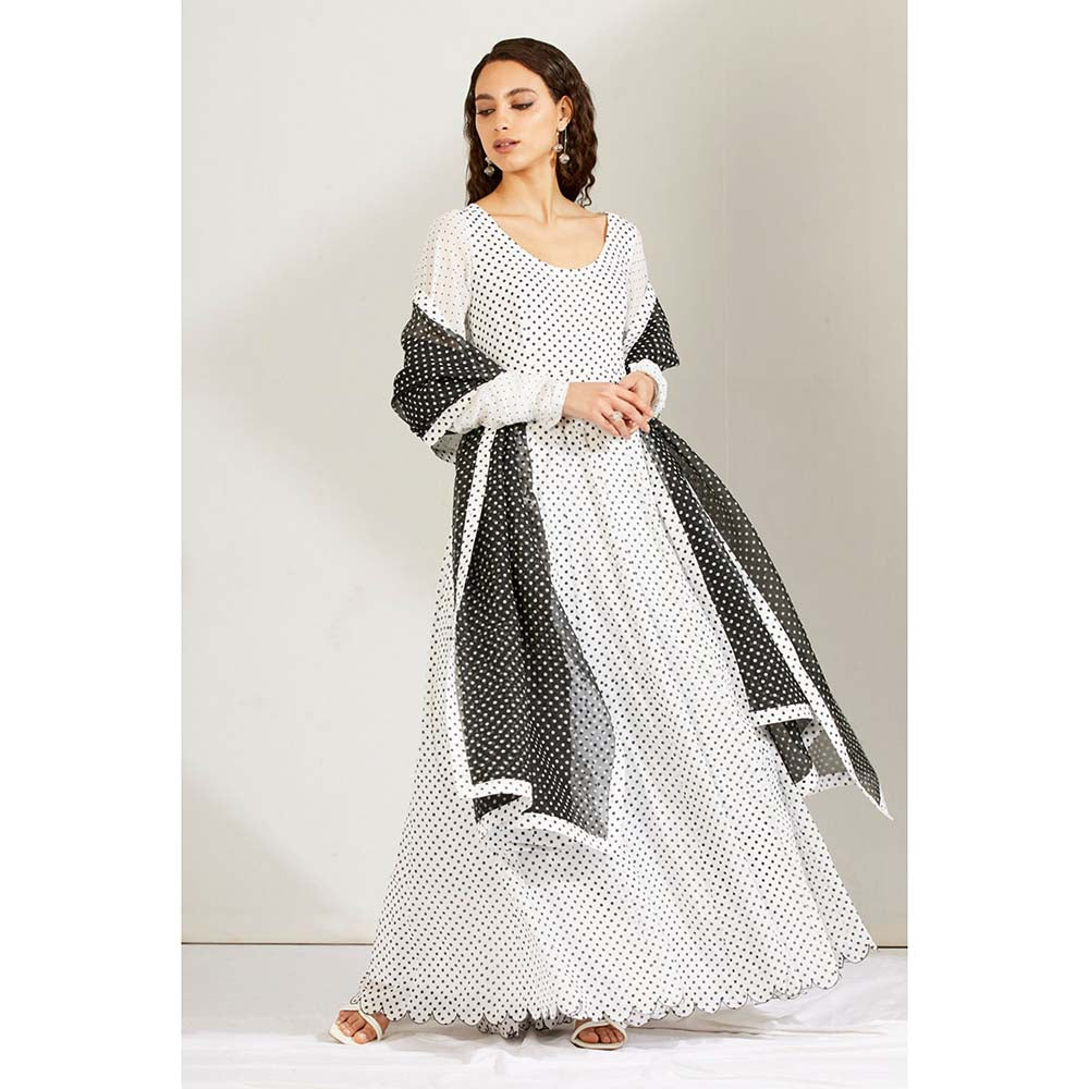 Label Earthen Women White Polka Dots Anarkali Kurta with Pant & Dupatta (Set of 3)