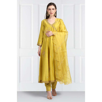 Label Earthen Women Yellow Embroidered Anarkali Kurta with Pant & Dupatta (Set of 3)