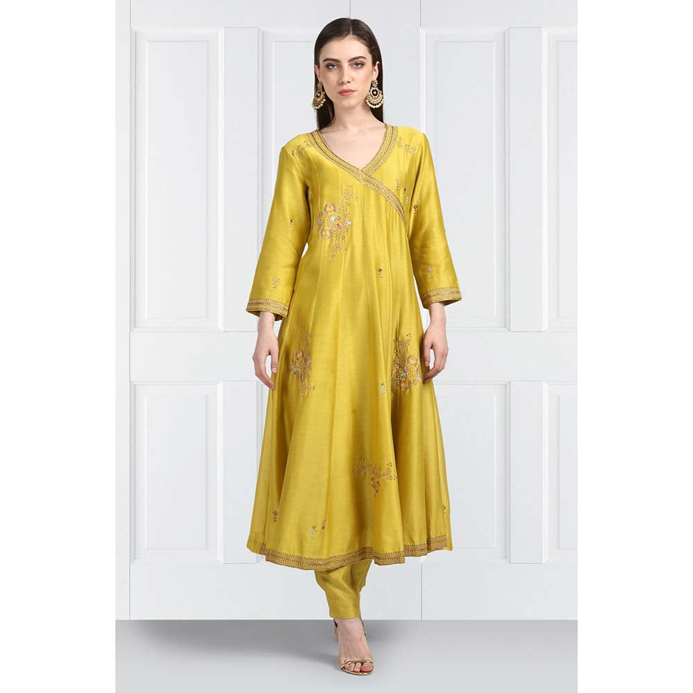 Label Earthen Women Yellow Embroidered Anarkali Kurta with Pant & Dupatta (Set of 3)