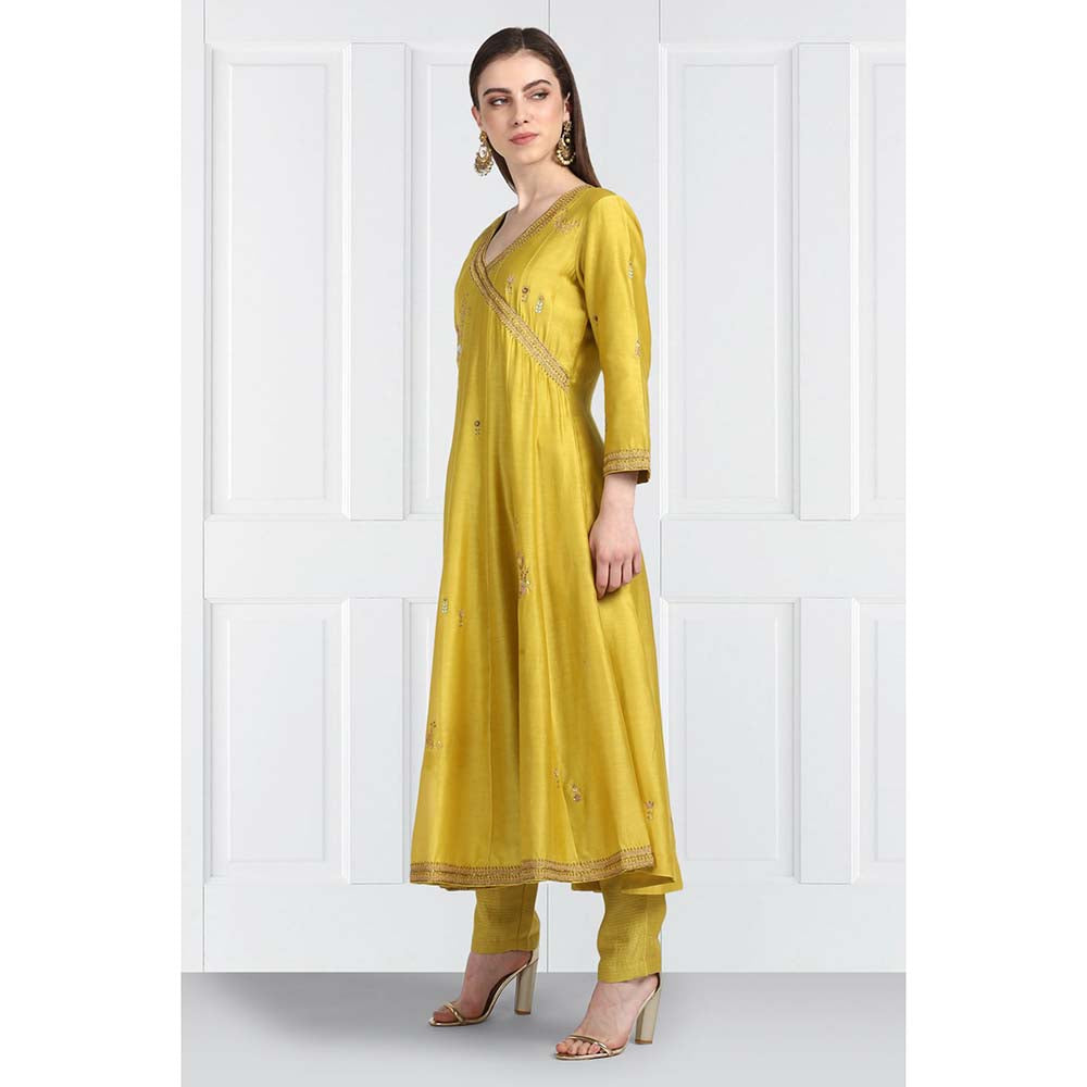 Label Earthen Women Yellow Embroidered Anarkali Kurta with Pant & Dupatta (Set of 3)