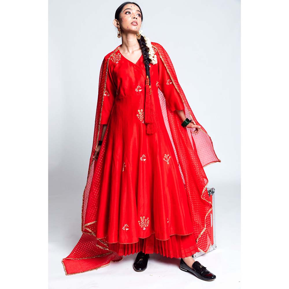 Label Earthen Women Red Embroidered Anarkali Kurta with Sharara & Dupatta (Set of 3)