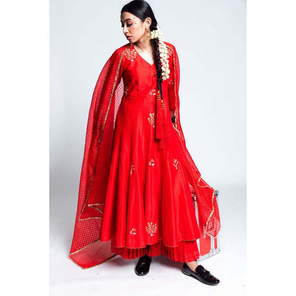 Label Earthen Women Red Embroidered Anarkali Kurta with Sharara & Dupatta (Set of 3)