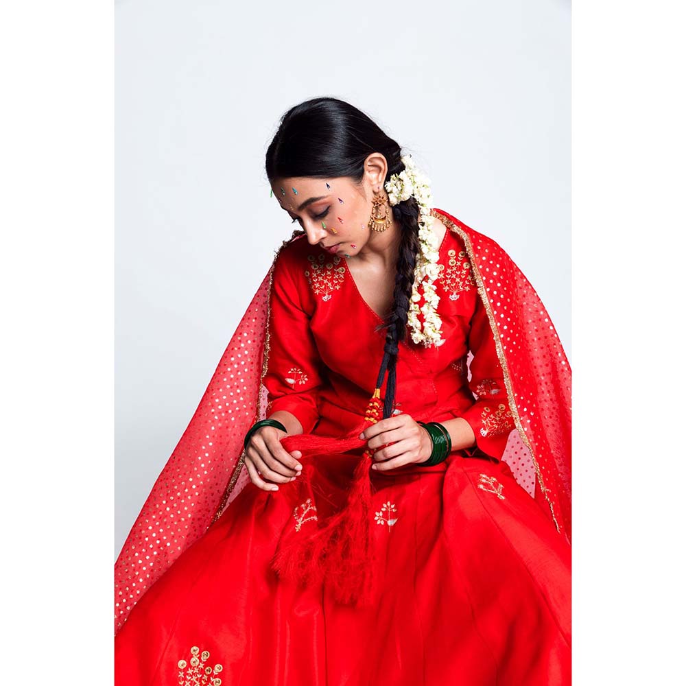 Label Earthen Women Red Embroidered Anarkali Kurta with Sharara & Dupatta (Set of 3)