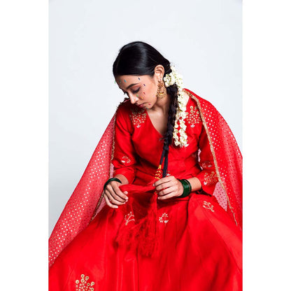 Label Earthen Women Red Embroidered Anarkali Kurta with Sharara & Dupatta (Set of 3)