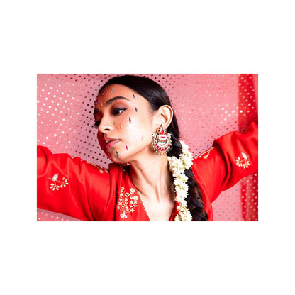 Label Earthen Women Red Embroidered Anarkali Kurta with Sharara & Dupatta (Set of 3)