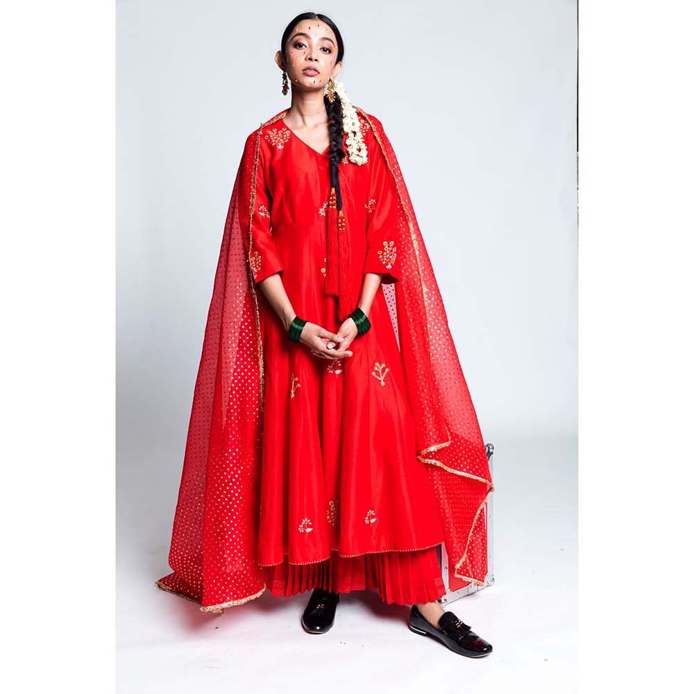 Label Earthen Women Red Embroidered Anarkali Kurta with Sharara & Dupatta (Set of 3)
