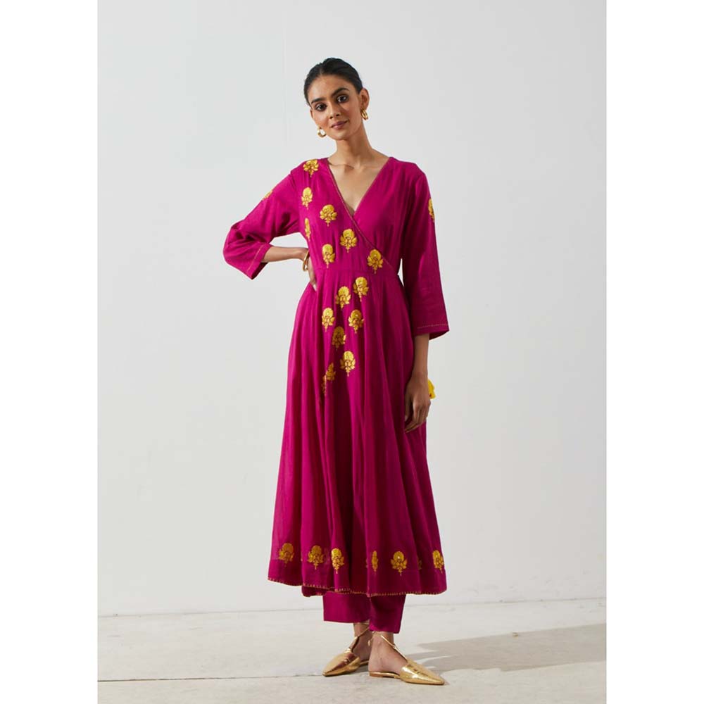 Label Earthen Women Magenta Floral Angarkha Kurta with Pant (Set of 2)