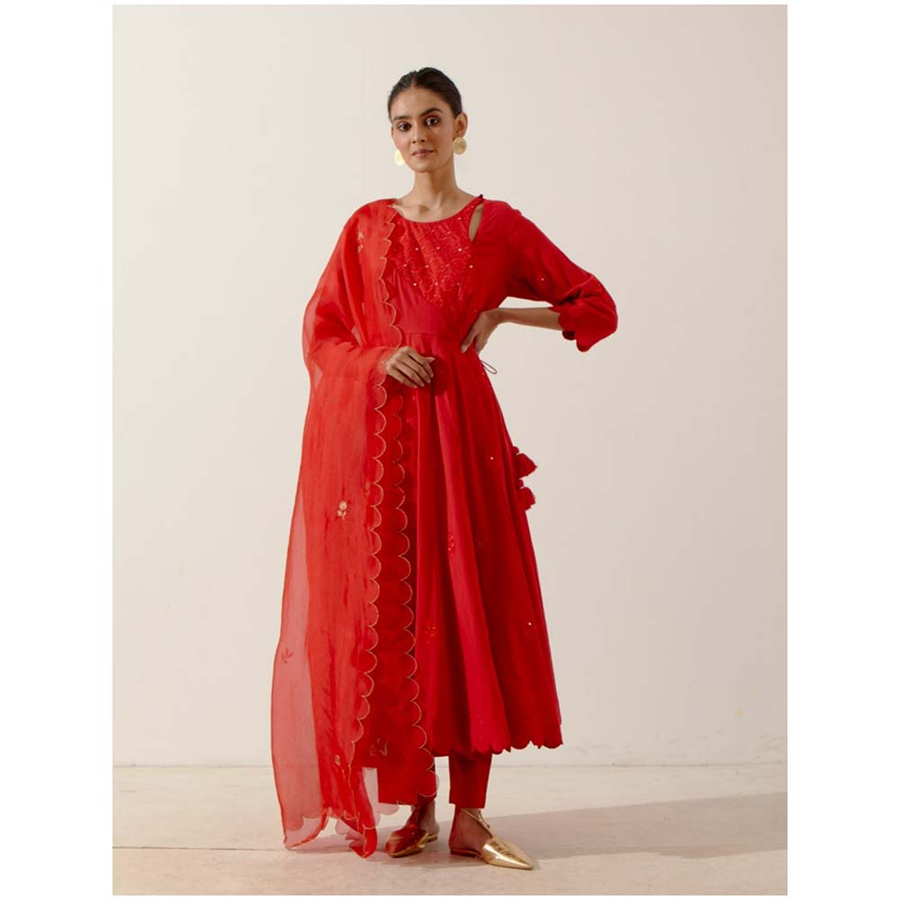 Label Earthen Women Red Floral Angarkha Kurta with Pant (Set of 2)