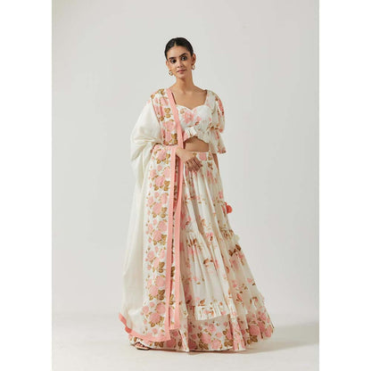 Label Earthen Women White Floral Lehenga with Choli & Dupatta (Set of 3)