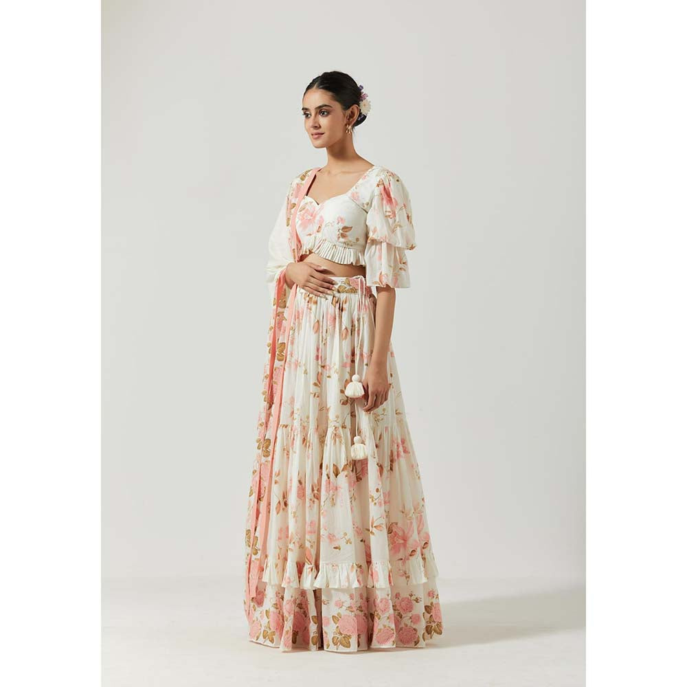 Label Earthen Women White Floral Lehenga with Choli & Dupatta (Set of 3)