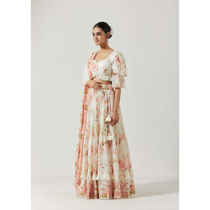 Label Earthen Women White Floral Lehenga with Choli & Dupatta (Set of 3)