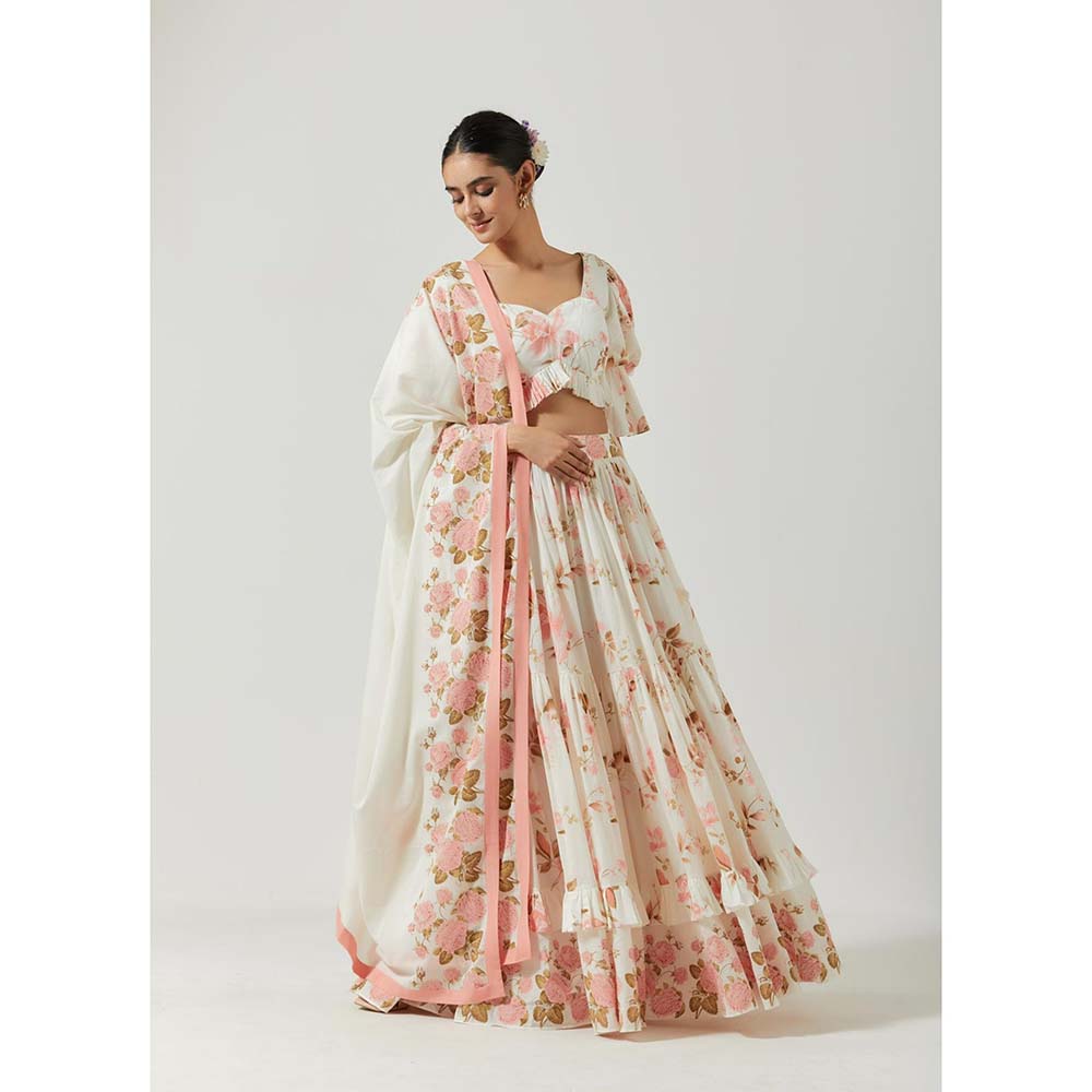 Label Earthen Women White Floral Lehenga with Choli & Dupatta (Set of 3)