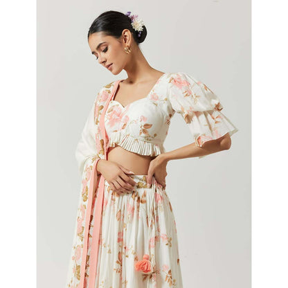 Label Earthen Women White Floral Lehenga with Choli & Dupatta (Set of 3)