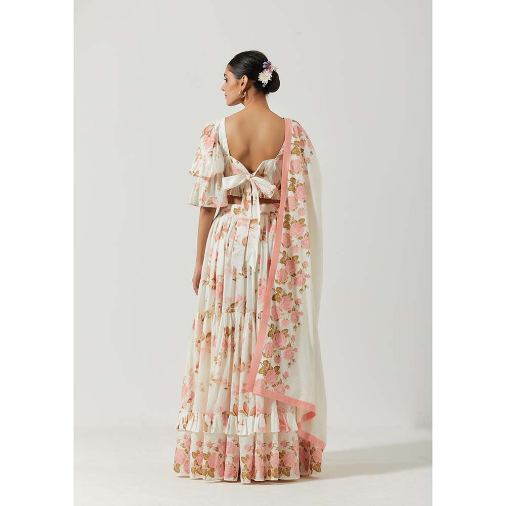 Label Earthen Women White Floral Lehenga with Choli & Dupatta (Set of 3)