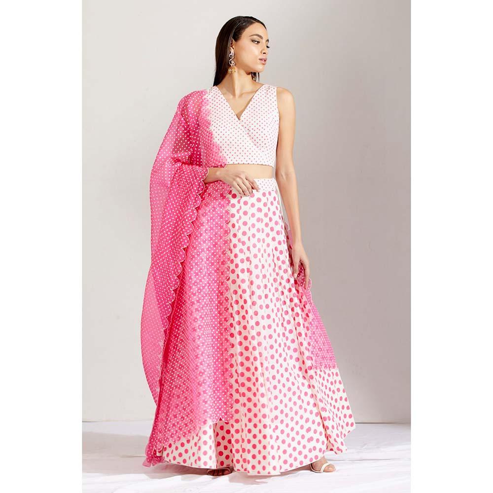 Label Earthen Women Pink Polka Dots Lehenga with Choli & Dupatta (Set of 3)