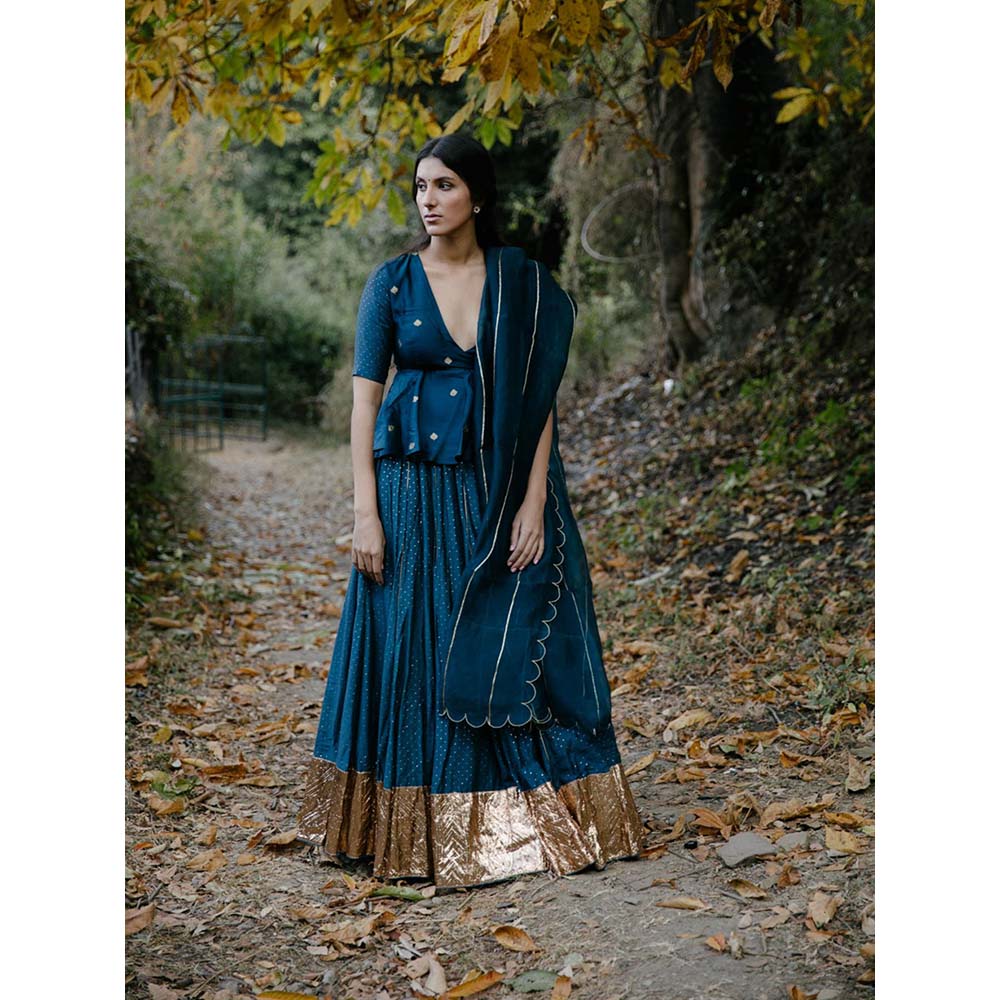 Label Earthen Women Teal Printed Lehenga with Choli & Dupatta (Set of 3)